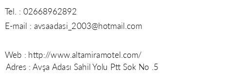 Altamira Motel telefon numaralar, faks, e-mail, posta adresi ve iletiim bilgileri